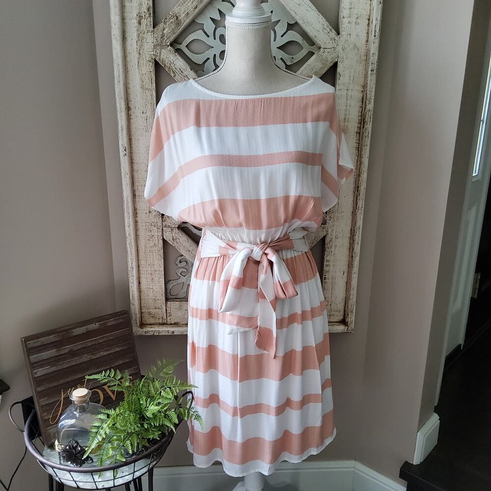 Oddy Women's Short Sleeve Dolman T-Shirt Tie Elastic Waist Midi Dress in Peach